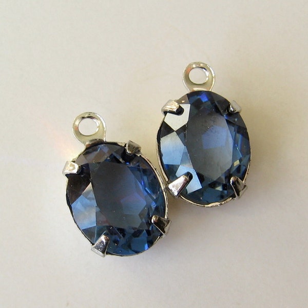 2 dark blue swarovski oval crystals silver tone with rIng 10x8mm