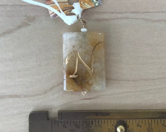 Citrine pendant with initial N and genuine pearl