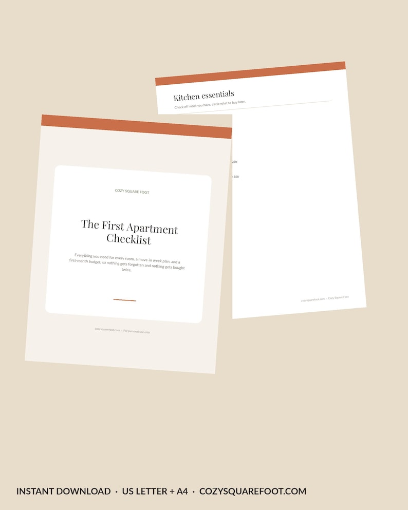 Utskrivbar checklista för första lägenheten, lista över nödvändigheter rum för rum, flyttchecklista, planerare för ny lägenhet, PDF för direktnedladdning bild 1
