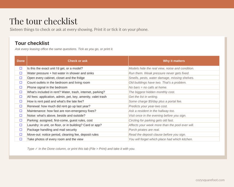 Wohnungssuche-Tracker-Tabelle, Wohnungsvergleichsvorlage (Excel/Google Sheets), Mietbudgetrechner, Umzugsplaner, Besichtigungs-Checkliste Bild 5