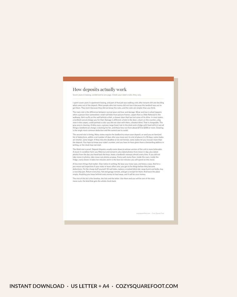 Move Out Checklist Printable, Security Deposit Return Kit, Apartment Moving Timeline, Cleaning Checklist, Deposit Letter Template PDF image 2