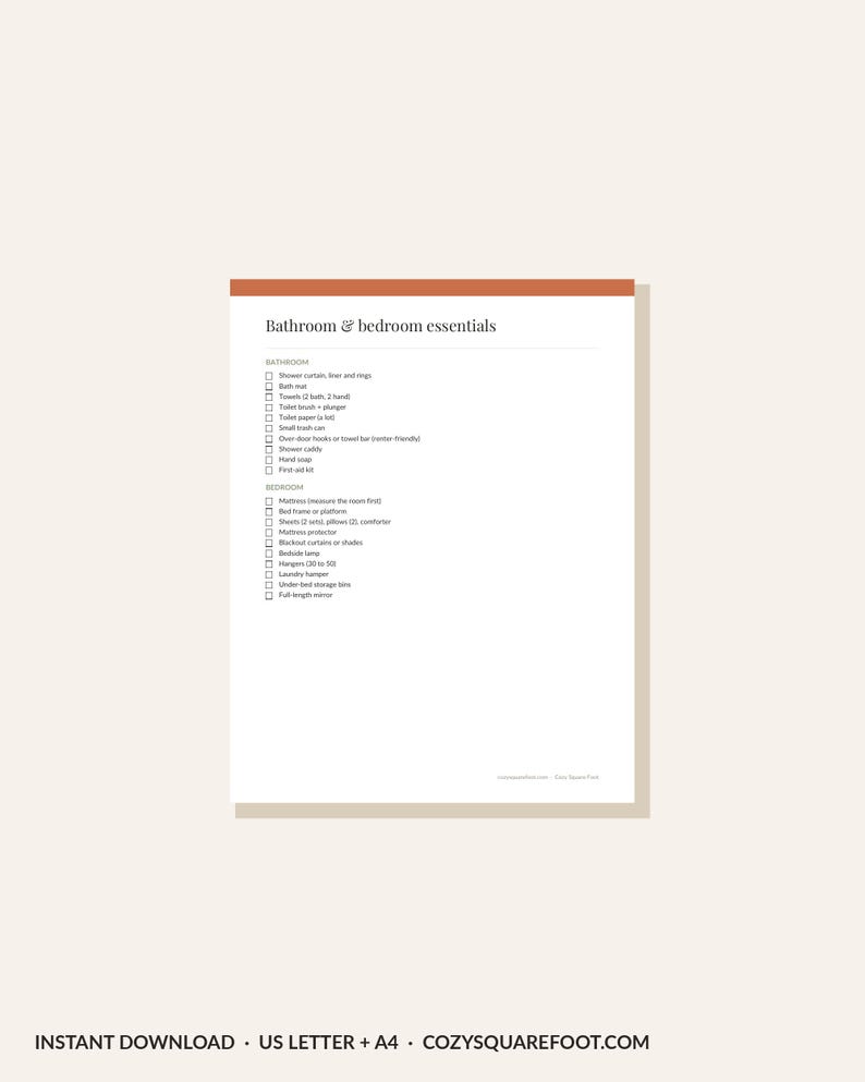 Utskrivbar checklista för första lägenheten, lista över nödvändigheter rum för rum, flyttchecklista, planerare för ny lägenhet, PDF för direktnedladdning bild 3