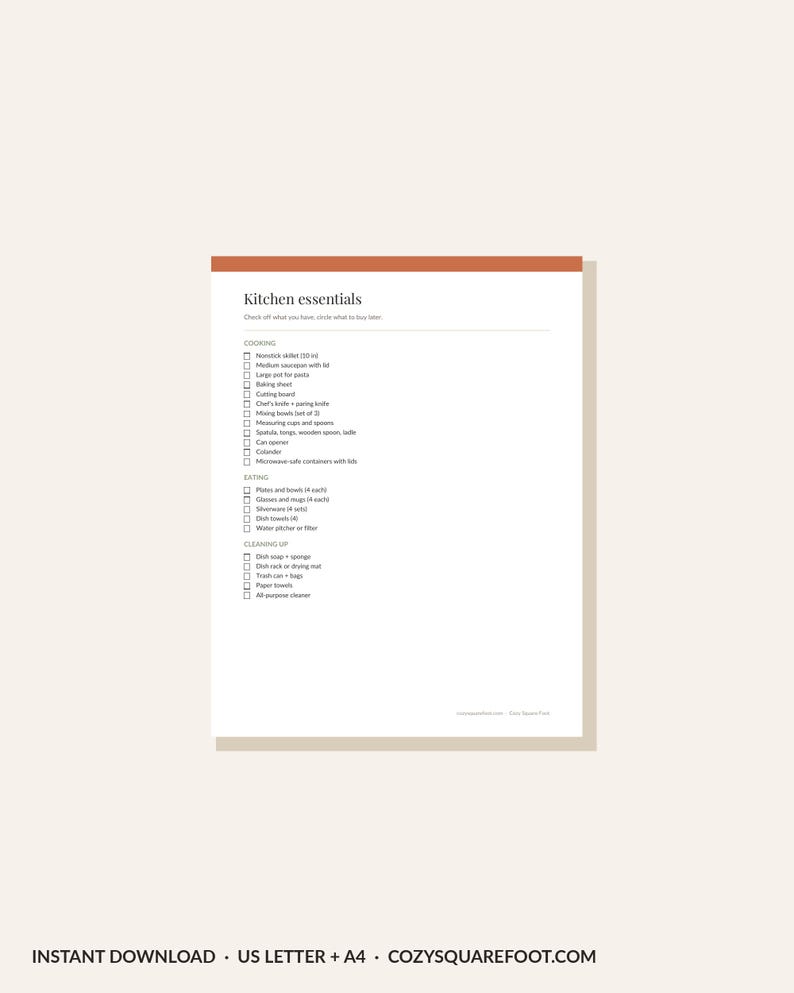 Utskrivbar checklista för första lägenheten, lista över nödvändigheter rum för rum, flyttchecklista, planerare för ny lägenhet, PDF för direktnedladdning bild 2