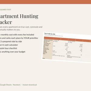 Wohnungssuche-Tracker-Tabelle, Wohnungsvergleichsvorlage (Excel/Google Sheets), Mietbudgetrechner, Umzugsplaner, Besichtigungs-Checkliste Bild 1