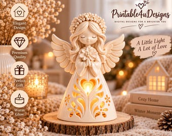 Könnte beinhalten: Eine cremefarbene Engelfigur mit Blumenkranz, die eine Blume hält und eine herzförmige Aussparung im Kleid hat, die von innen leuchtet. Der Text "Printable4uDesigns" und "A Little Light A Lot of Love" ist im Bild deutlich zu erkennen.