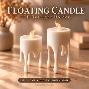 May include: Two white cylindrical LED tealight holders with a dripping wax design, each featuring a small glowing orange flame-shaped light on top. The text reads FLOATING CANDLE LED Tealight Holder, STL + 3MF DIGITAL DOWNLOAD, Printable4uDesigns.