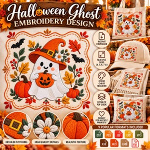 May include: A digital embroidery design featuring a white ghost wearing an orange witch hat, holding a jack-o'-lantern, surrounded by autumn leaves, berries, and bats. The design is displayed on a tote bag, a baseball cap, and a throw pillow.