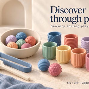 May include: A sensory sorting playset featuring a beige bowl, a blue pair of tongs, a beige spoon, and various textured silicone balls and cups in shades of blue, pink, yellow, and green. Text reads: Discover through play Sensory sorting playset.