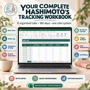 Planilha de acompanhamento diário da tireoidite de Hashimoto | Registro de sintomas da tireoide, medicamentos, sono e bem-estar | Download em Excel