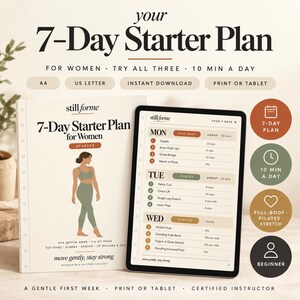 May include: A 7-Day Starter Plan digital fitness guide featuring a printed document and a tablet display. The plan includes daily exercise routines like squats, pilates, and stretches, with text labels for A4, US Letter, and instant download options.