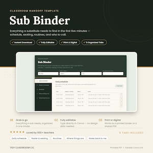 May include: A digital classroom handoff template titled Sub Binder, featuring a dark green and cream color scheme. The layout includes a daily schedule table with columns for time, subject, activity, where, and notes, plus five organized tabs.