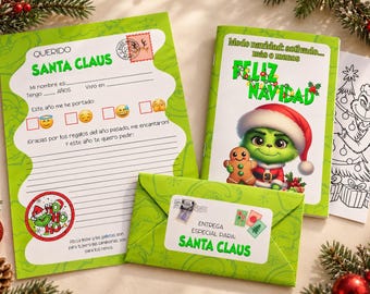 May include: A letter to Santa Claus template with green borders, a matching green envelope labeled for Santa Claus, and a booklet featuring a green character in a Santa hat holding a gingerbread cookie, with text in Spanish throughout the items.
