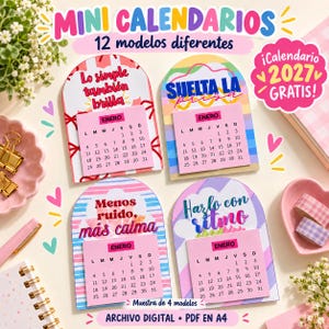 Puede incluir: Cuatro minicalendarios arqueados para enero de 2027 con patrones coloridos y texto en español. Arriba dice MINI CALENDARIOS 12 modelos diferentes y ¡Calendario 2027 GRATIS!. Cada calendario presenta una cuadrícula rosa para enero.