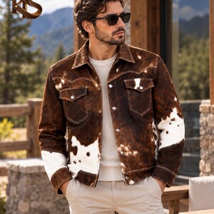 Men's Brown Cowhide Leather Jacket, Western Patchwork, Contrast Stitching