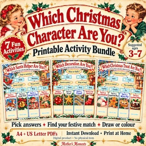 Puede incluir: Un paquete de actividades imprimibles titulado Which Christmas Character Are You? con tres diagramas de flujo para niños de 3 a 7 años. Las páginas incluyen ilustraciones de un reno, campana, elfo, juguetero, bola de navidad, estrella, espumillón, calcetín, malvavisco, hombre de jengibre, pastel de carne y pudin.