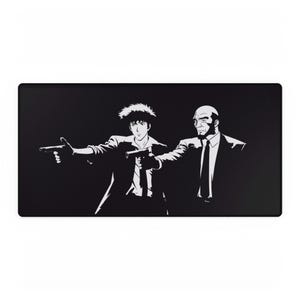 May include: A rectangular black desk mat featuring a high-contrast white graphic illustration of two figures in suits, each holding a handgun pointed forward. The design is rendered in a stark black and white style, showcasing two characters in formal attire.