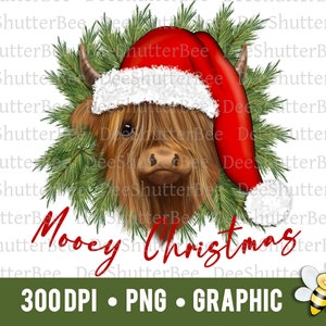 Peut inclure: Une illustration numérique d'une vache écossaise portant un bonnet de Père Noël rouge avec une bordure blanche. La vache est entourée de branches de pin vertes. Le texte "Mooey Christmas" est écrit en lettres rouges cursives sous la vache. Une abeille de dessin animé avec des rayures jaunes et noires se trouve dans le coin inférieur droit de l'image. Le texte "300 DPI • PNG • GRAPHIC" est écrit en lettres vertes en bas de l'image.