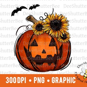 Jack o Lantern Pumpkin Graphic, Sublimation Png, Halloween Clipart, Tournesols Citrouilles Imprimables, Thanksgiving Graphic, Chauves-souris et fleurs