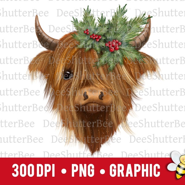 Winter Christmas Highland Cow, Long Haired Cow, Sublimation, Cow, PNG, Printable, Moo, Graphics, Christmas Design, Printable, Clipart, Holly