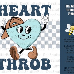 May include: A blue heart with a smiling face, wearing a brown baseball cap and brown shoes, with the text "HEART THROB" in blue and white letters.
