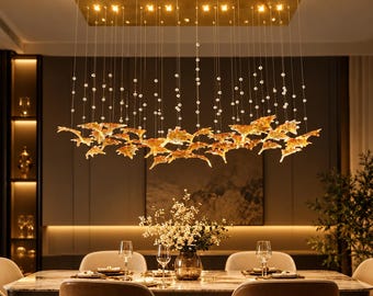 Maple Leaf Glass Chandelier, Gold Leaf Pendant Light, Dining Room Chandelier, Kitchen Island Hanging Lamp, Modern Ceiling Lighting