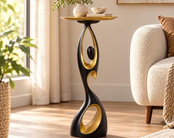 Abstract Side Table, Black and Gold Accent Table, Sculptural Pedestal Tray Stand, Modern Living Room Decor, Entryway Corner Table