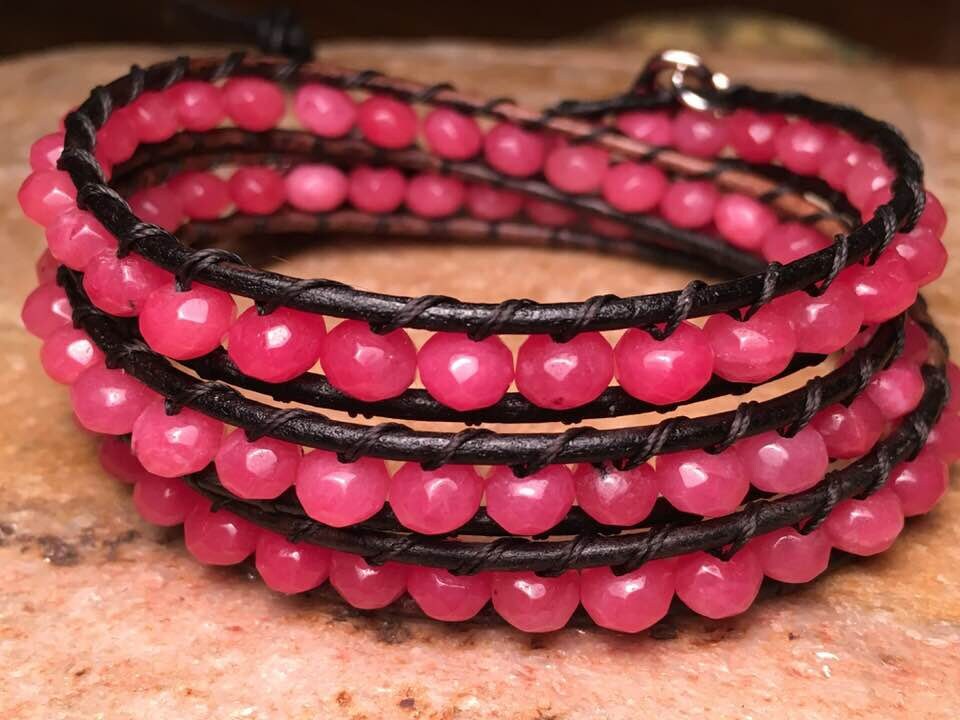 Rose Jade Leather Wrap Beaded Bracelet Boho Wrap Bohemian Etsy