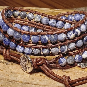 Sodalite - Leather Wrap Beaded Bracelet, Boho Wrap, Bohemian, Mens or Womans