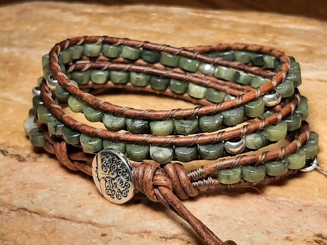 Jade Leather Wrap Beaded Bracelet, Boho Wrap, Bohemian, Mens or Womans