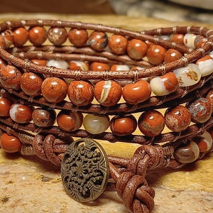 Red Jasper - Leather Wrap Beaded Bracelet, Boho Wrap, Bohemian, Mens or Womans