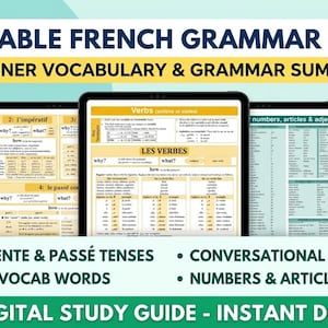 Puede incluir: Una guía de estudio digital para gramática y vocabulario francés que muestra ocho páginas en tabletas. El texto incluye PRINTABLE FRENCH GRAMMAR GUIDE, BEGINNER VOCABULARY & GRAMMAR SUMMARY, PRESENTE & PASSÉ TENSES, CONVERSATIONAL PHRASES, 700+ VOCAB WORDS, NUMBERS & ARTICLES y 8-PAGE DIGITAL STUDY GUIDE - INSTANT DOWNLOAD.