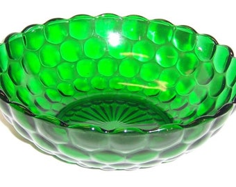Modern Art Deco Green/Teal Hobnail/Bubble Pattern Glass Centerpiece Bowl EXC 