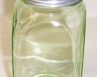 Hocking Green Transparent Smooth Sided 8 Ounce CANISTER or PROVISION Jar, Original Screw On Solid Lid