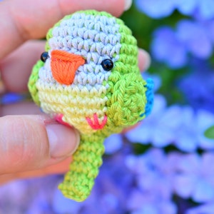 May include: A small crocheted green and white bird with an orange beak and black eyes. The bird is being held in a hand against a background of purple flowers.