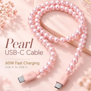 Puede incluir: Un cable de carga USB-C a USB-C que presenta una hebra de perlas artificiales de color rosa claro. Los extremos del cable son de color rosa claro con un pequeño logotipo. El texto en la imagen dice: Pearl USB-C Cable, 60W Fast Charging, USB-C to USB-C, Charge in style.