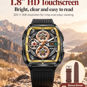 Outdoor Smart Watch with Flashlight & SOS, 5ATM Waterproof Bluetooth Watch, 1.8" Touchscreen + Bonus Leather Strap
