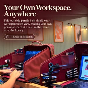 Pode incluir: Uma estação de trabalho portátil bordô com painéis laterais dobráveis, bolsos internos e alças elásticas para tesouras, canetas e ferramentas. Texto: Your Own Workspace, Anywhere. Fold-out side panels help shield your workspace from view, creating your own personal space at a café, in the office, or at the library. Ready in 5 Seconds.