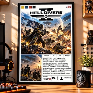 May include: A framed Helldivers 2 poster featuring a battle scene with soldiers in yellow and black armour, a flag, and alien creatures. The bottom section includes game details, a description of the cooperative shooter, and the release date Feb 08/24.