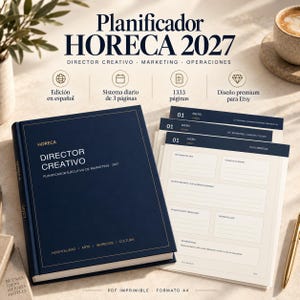 May include: A dark blue 2027 HORECA planner for creative directors, marketing, and operations. The cover features gold text, and the interior pages show a daily 3-page system. It is an A4 printable PDF format with 1333 pages, designed for professional use.