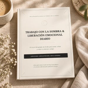Puede incluir: Un diario blanco con texto negro titulado TRABAJO CON LA SOMBRA & LIBERACIÓN EMOCIONAL DIARIO. La portada presenta un icono de luna creciente, una descripción de recorrido guiado de 40 días y una franja negra con texto en blanco.