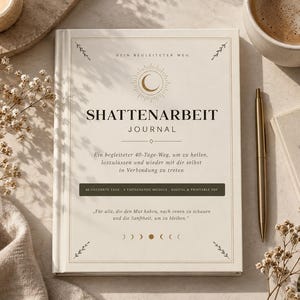 Puede incluir: Un diario de color crema titulado SHATTENARBEIT JOURNAL con un gráfico dorado de sol y luna en la portada. El texto incluye DEIN BEGLEITETER WEG, una descripción de guía de sanación de 40 días y una cita, con fases lunares en la parte inferior.