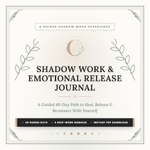 Pode incluir: Uma capa de diário digital quadrada com fundo creme e texto escuro que diz Shadow Work & Emotional Release Journal. Apresenta um ícone de lua crescente, arte botânica em linhas nos cantos e uma faixa preta com detalhes do conteúdo.