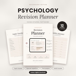 May include: A Psychology Revision Planner digital download set featuring 12 A4 printable pages. The layout includes a central planner page with a tablet graphic, a topic tracker, and a weekly planner. Text includes Psychology Edition, Revision Planner, revise smarter, not harder, and 12 pages A4 printable.