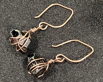 Copper Wire Wrapped Earrings with Raw Black Tourmaline