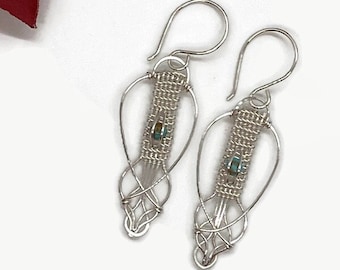 Sterling Silver Wire Wrapped Earrings with Natural Kingman Mine Arizona Turquoise/Wire weave/silver earrings/