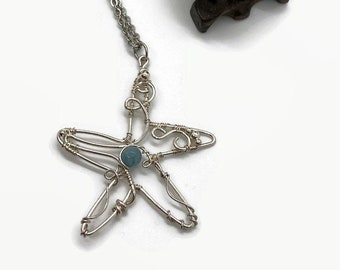 Sterling Silver Sea Star Pendant with Aquamarine/Starfish Jewelry/Sea Star Jewelry