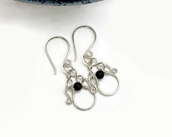 Sterling Silver Wire Wrapped Earrings with Shungite/Dangly Earrings/Wire Wrapped Earrings/Hammered Earrings