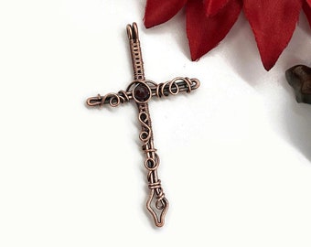 Copper Wire Wrapped Cross with Ruby/ Ruby cross/Copper Wire Wrapped Cross