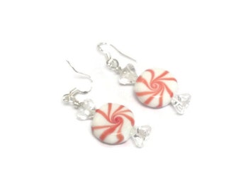 Dangle Earrings/ Christmas Earrings/ Lampwork Glass Beaded Earrings/ Christmas Candies Earrings/ Peppermint Earrings