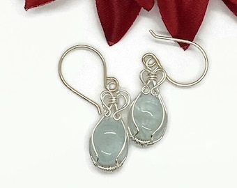 Silver Wire Wrapped Earrings with Aquamarine/Wire Wrapped Dangle Earrings/Aquamarine Jewelry